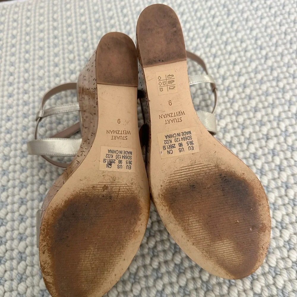 Stuart Weitzman Gold Metallic Cork Wedge Sandals